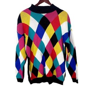 Vintage 80’s Oversized Harlequin Mockneck Sweater in Rainbow Argyle